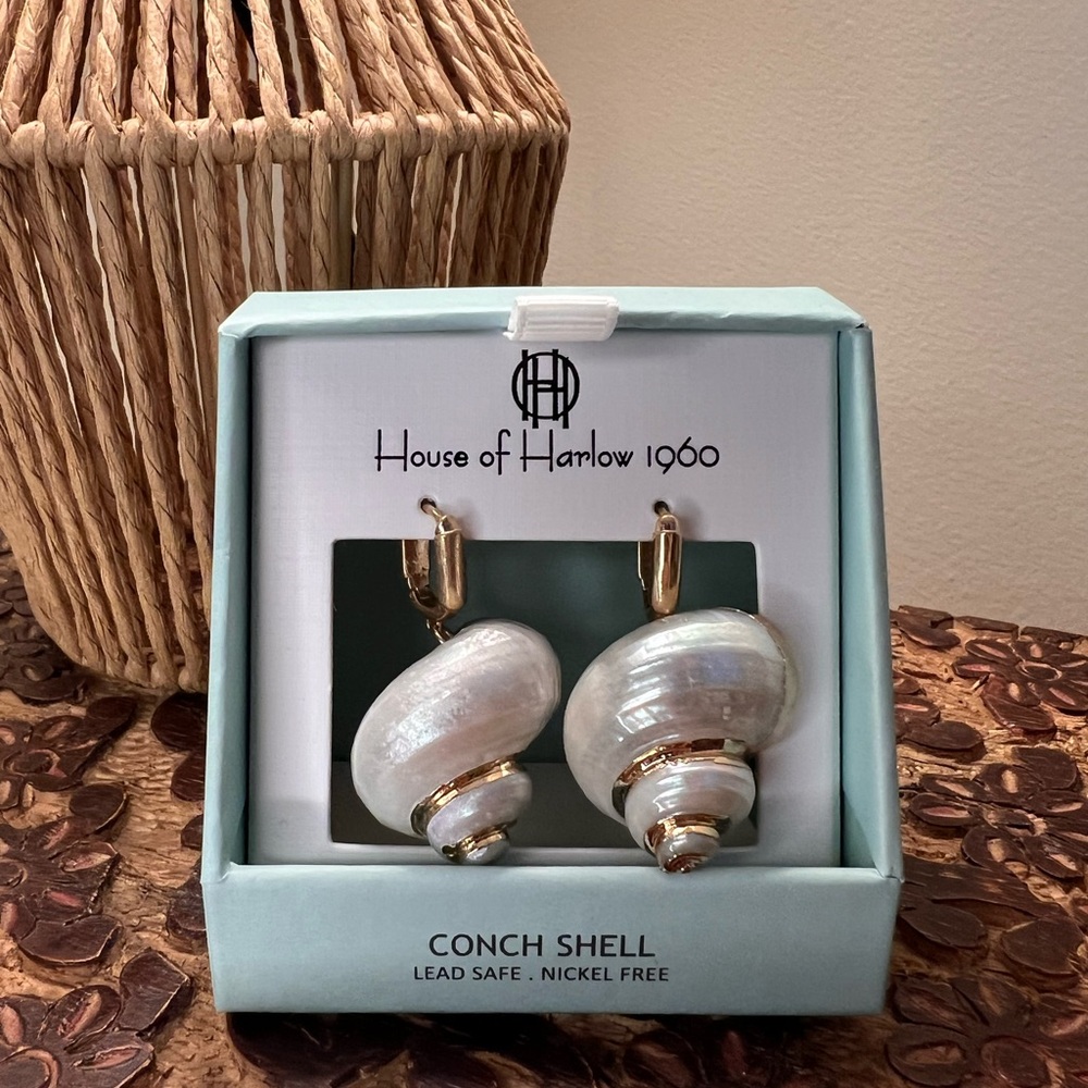 House of Harlow 1960 White Pearl Conch Shell Drop Earrings with Gold Accents